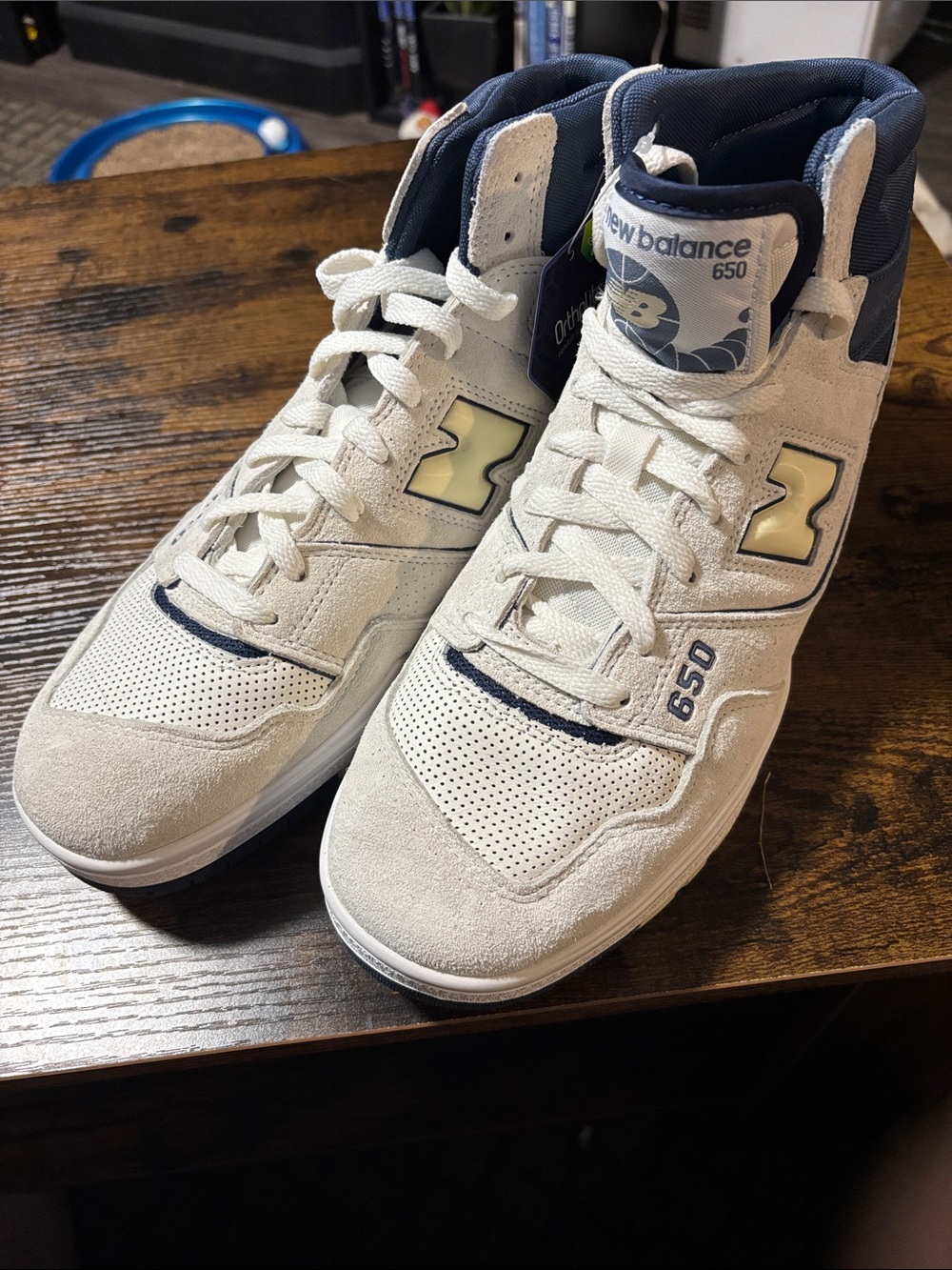 New Balance 650 Sea Salt Navy High-Top Sneakers.